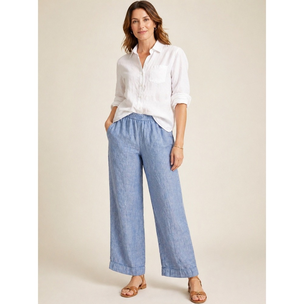 Talbots 100% Linen Wide Leg Pants 10P Blue Elastic Waist Crop Trousers IN5324